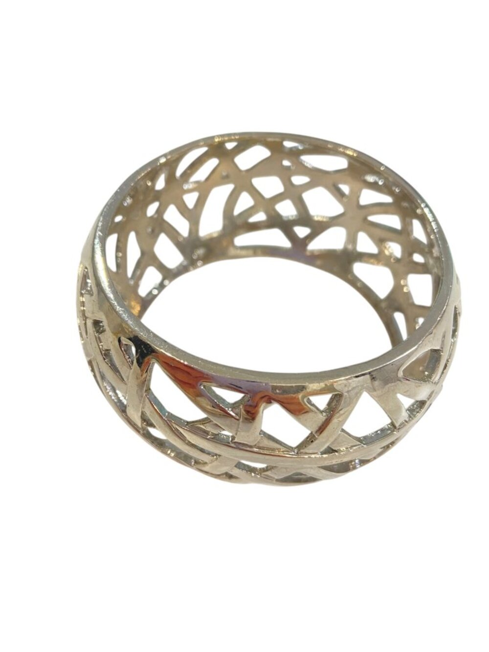Silver-Tone Openwork Wide Bangle Bracelet - Geometric Pattern Design